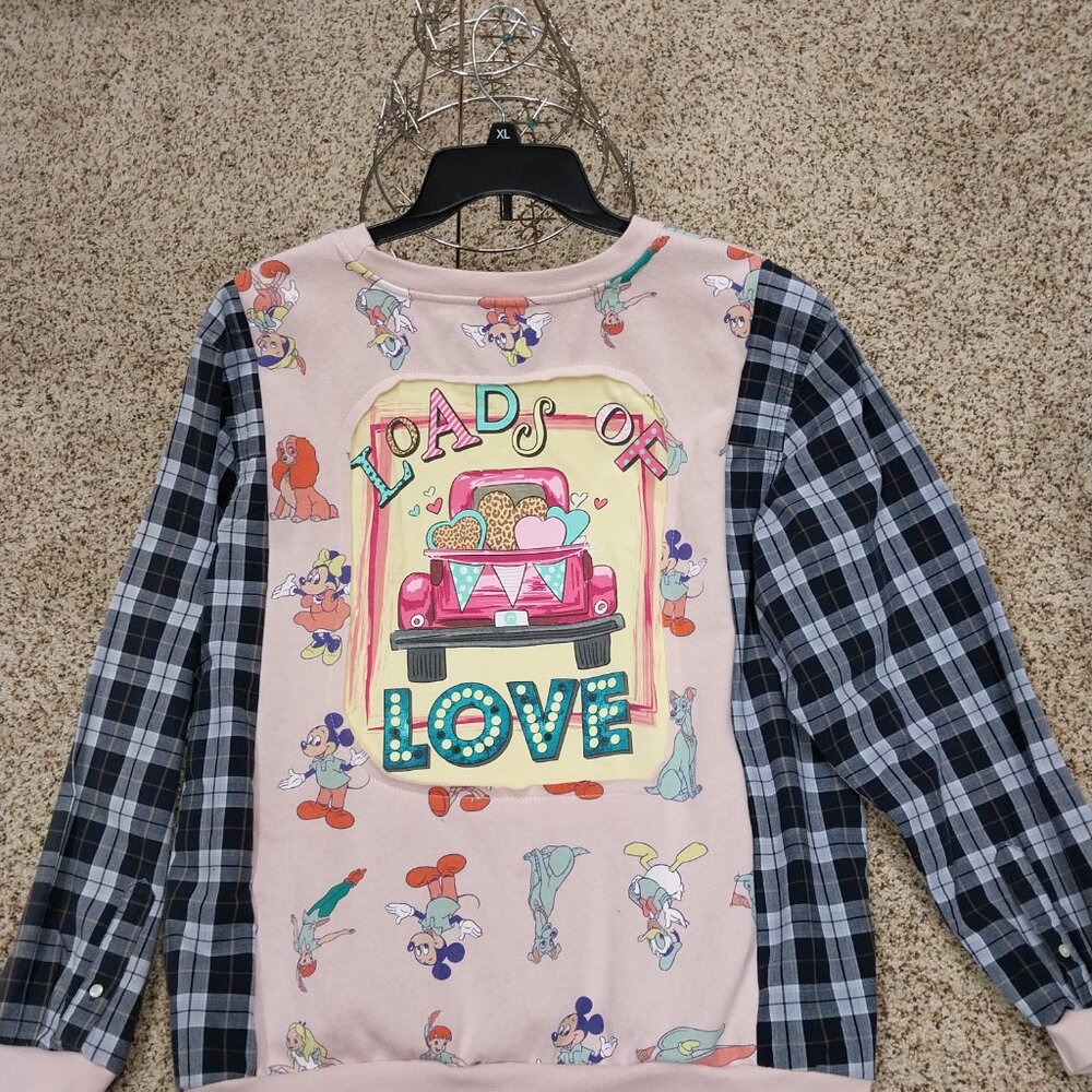 3232 Size XL Disney Loads Of Love Upcycled Sweatshirt Button Down Shirt Combo. - Picture 1 of 6